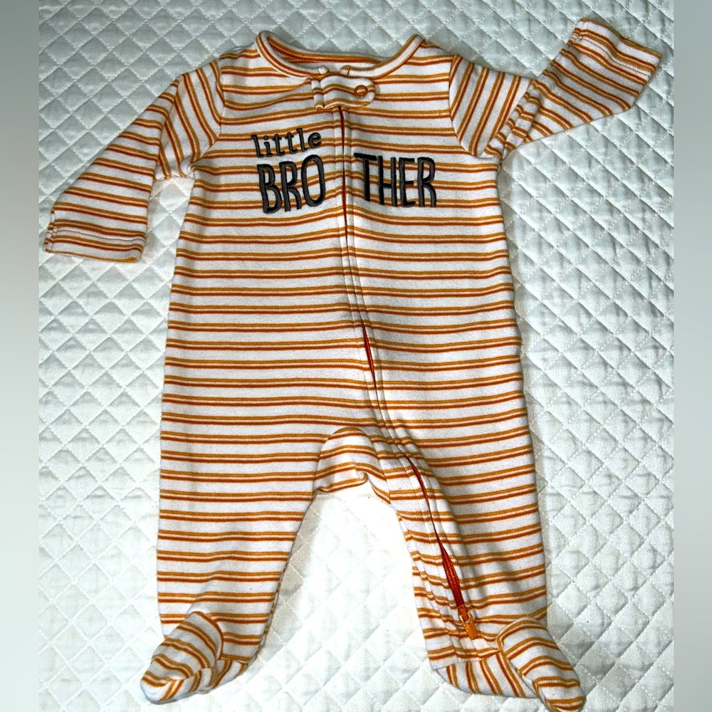 Carter’s Infant Boys Striped Zipper “Little Brother” Orange Sleeper Size 3 month